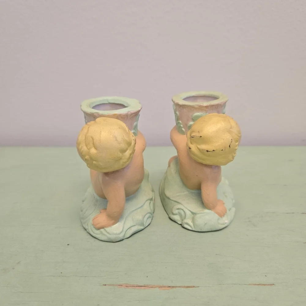 Cherub Candlestick Holders Pair Vintage